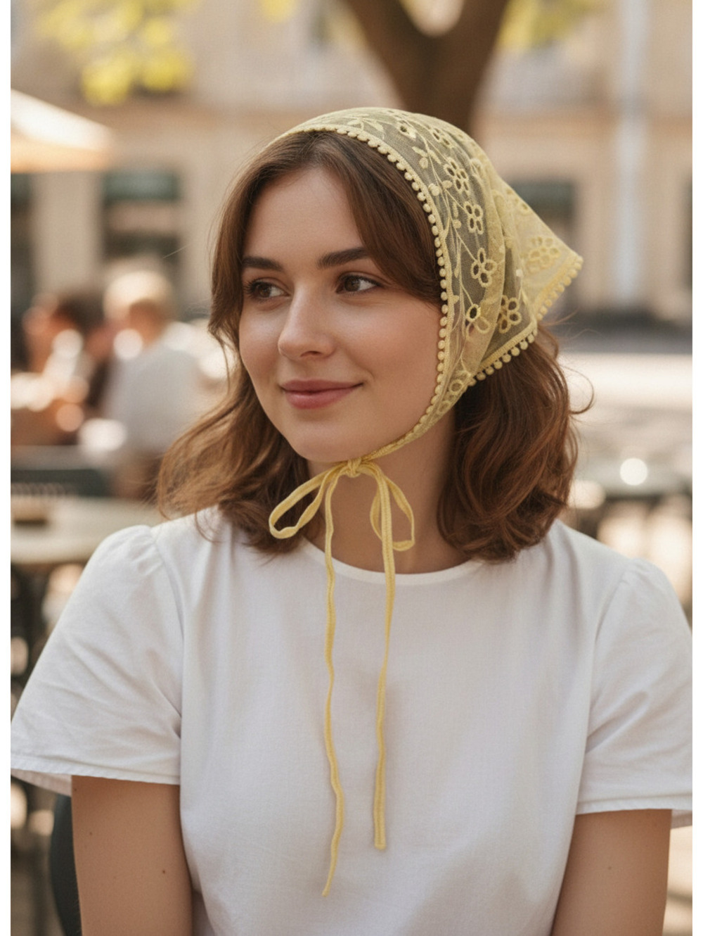 Yellow Floral Embroidered Lace Bandana
